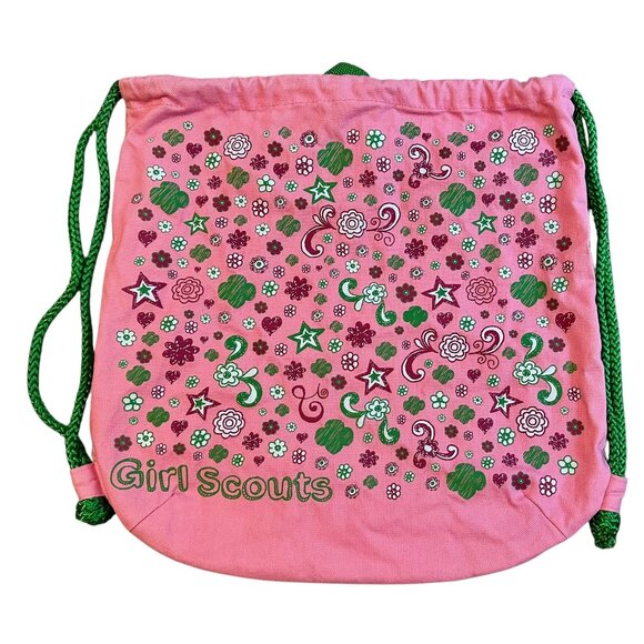Girl Scouts of America Other - Girl Scouts of America GSA Pink & Green Trefoil Print Drawstring Backpack Bag